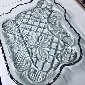 VINTAGE CHRISTMAS HOLLY SLED CLEAR GLASS SERVING DISH GOLD RIM 12.5 INCH